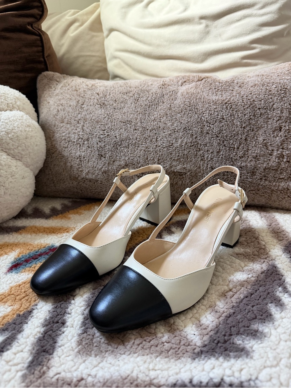 Nine West Two-Tone Black and White T-Strap Block Heels